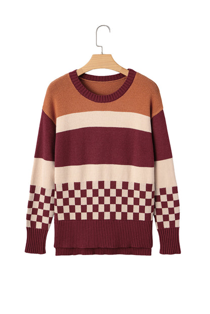 Brown Checkered Color Block Knitted Drop Shoulder Sweater