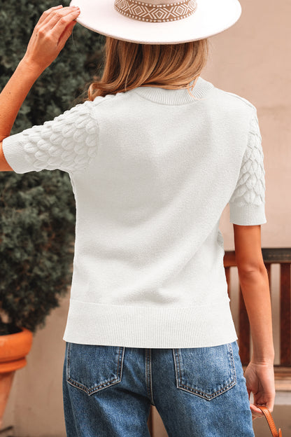Straw Yellow Fish Scale Textured Knit Ribbed High Neck Short Sleeve Sweater