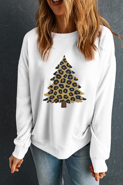 White Plush Leopard Tree Patched Drop Shoulder Sweatshirt
