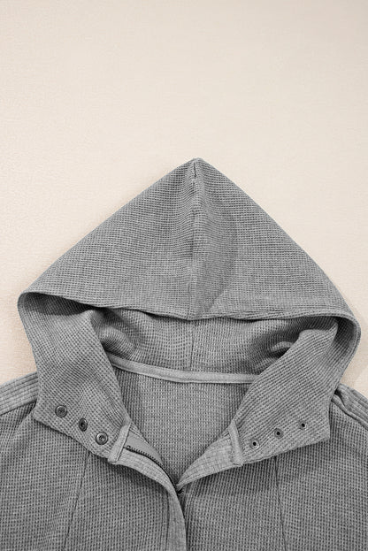 Gray Waffle Splicing Zip Up Front Button Hooded Jacket