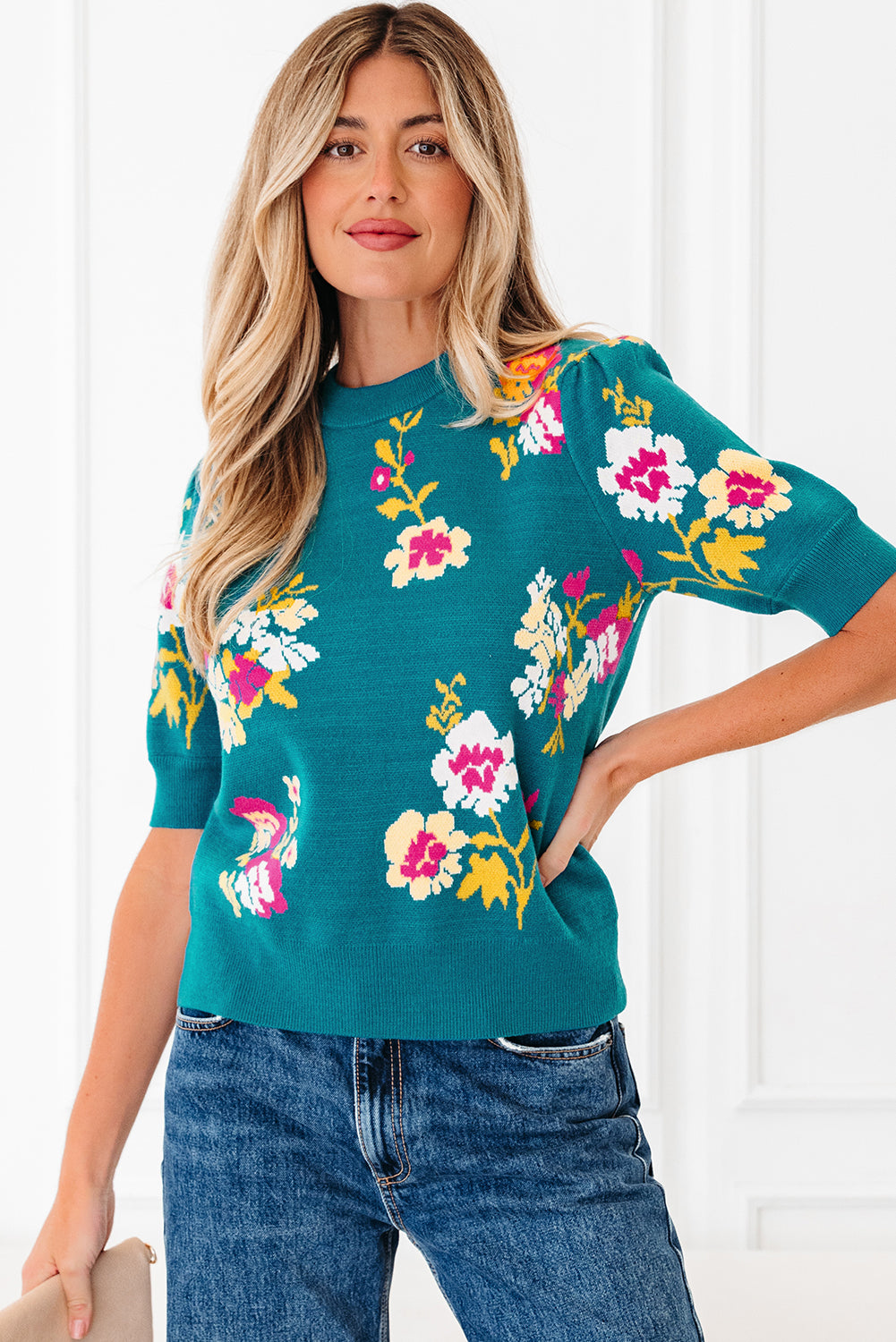 Blue Flower Pattern Mock Neck Short Sleeve Knitted T Shirt
