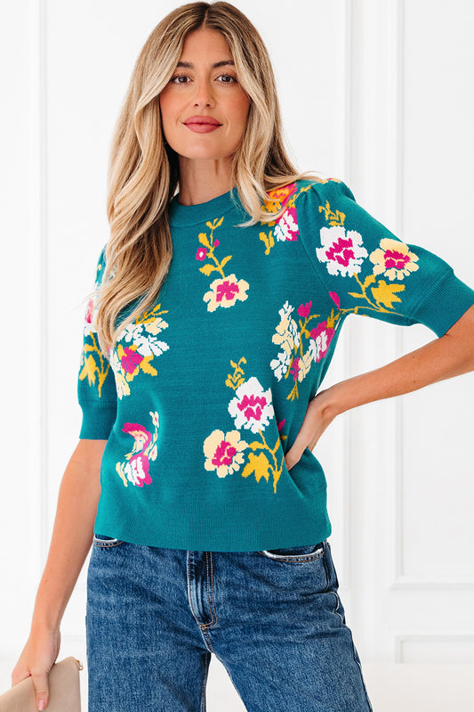 Blue Flower Pattern Mock Neck Short Sleeve Knitted T Shirt