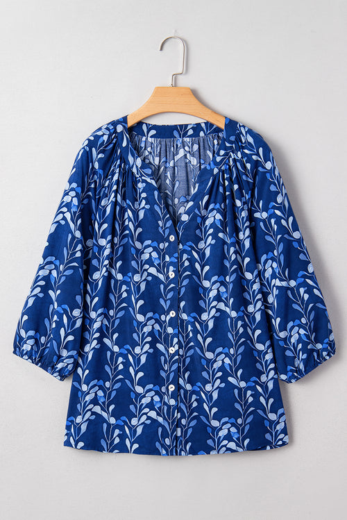 Blue Botanical Print Bracelet Sleeve Notched Neck Blouse