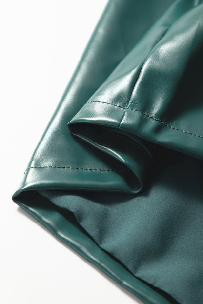 Sea Green  Notched V Neck Short Puff Sleeve PU Leather Blouse