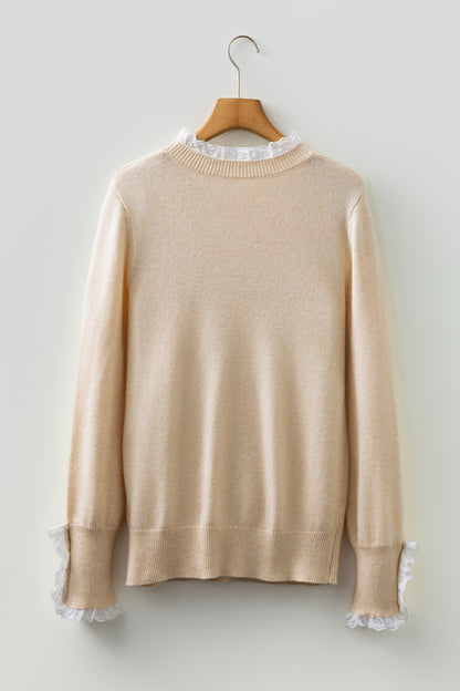 Jet Stream Lace Trim Patchwork Buttoned Cuffs Loose Sweater