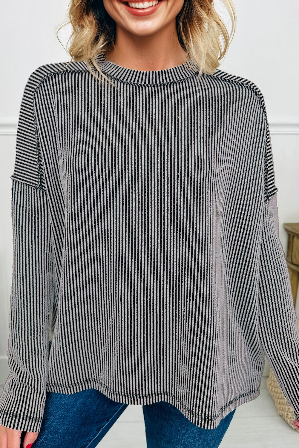 Parchment Twist Ribbed Exposed Seam Detail Long Sleeve Loose Top