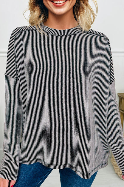 Parchment Twist Ribbed Exposed Seam Detail Long Sleeve Loose Top