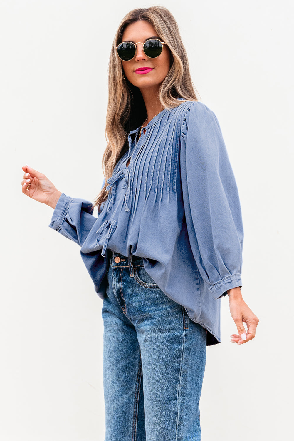 Myosotis Denim Front Pintuck Bow Tie Puff Sleeve Top