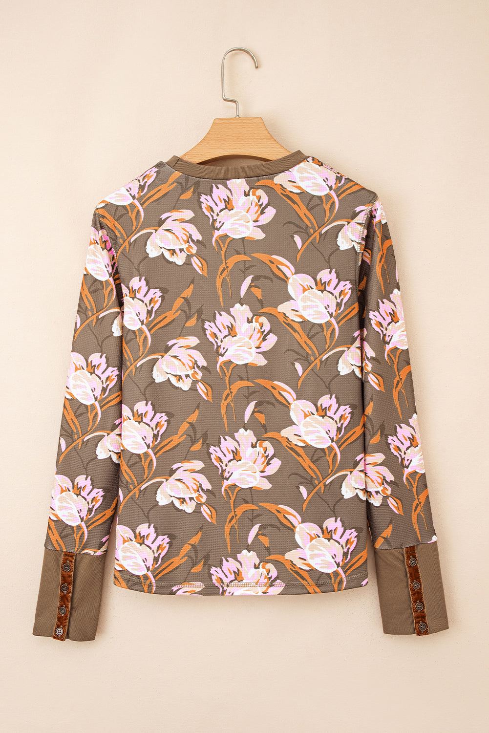 Brown Floral Print Waffle Textured Long Sleeve Top
