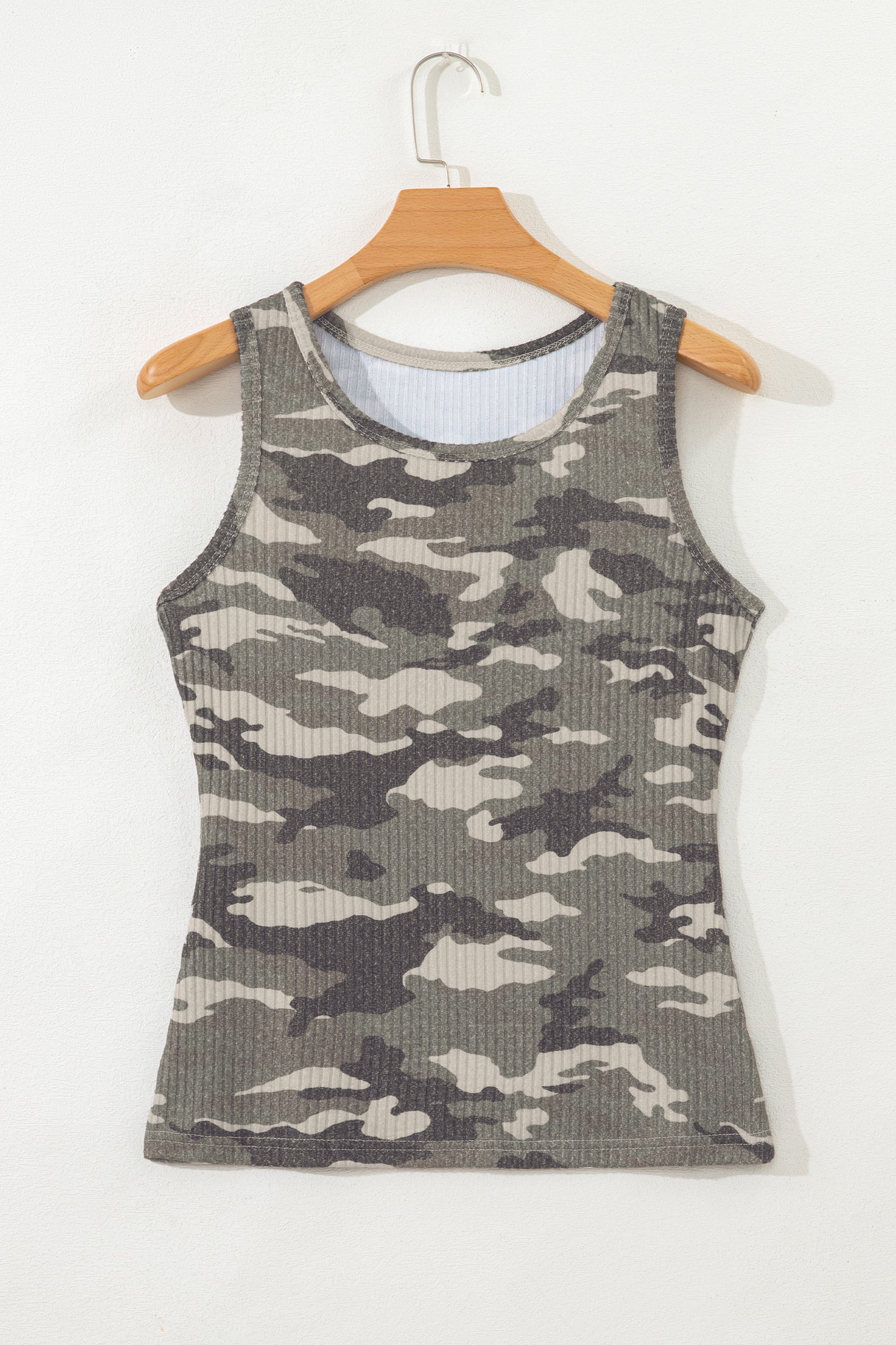 Green Camouflage Print Ribbed Knit Round Neck Tank Top