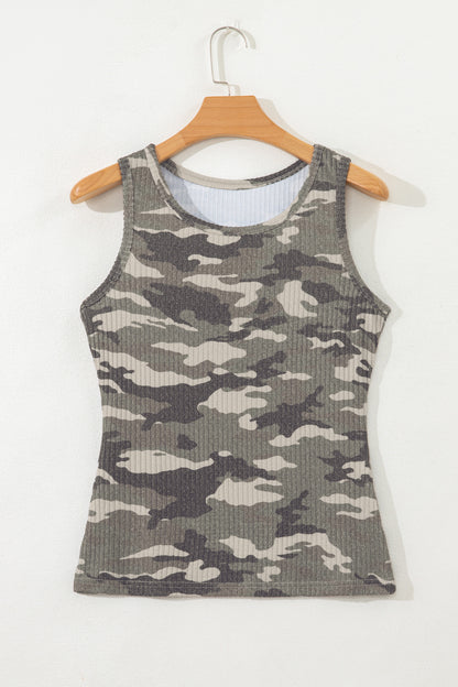 Green Camouflage Print Ribbed Knit Round Neck Tank Top