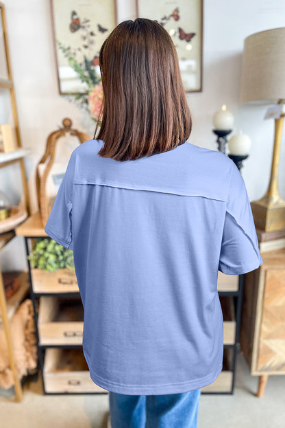 Apricot Flower Patched Exposed Stitching Trim Crew Neck Loose Tee