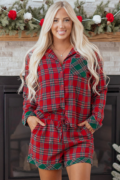 Red Plaid Contrast Patched Christmas Holiday Long Sleeve Shirt and Short 2pcs Pajama Set