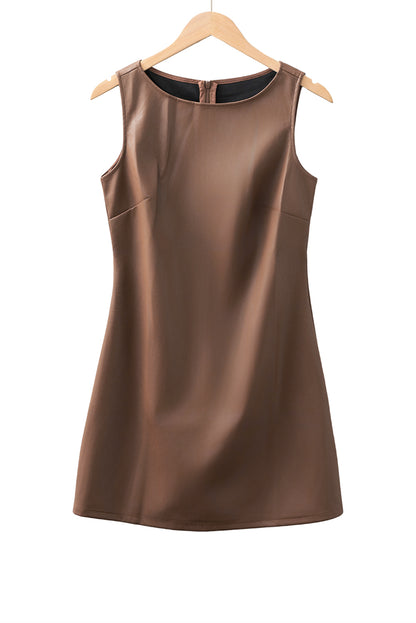 Coffee Vegan Leather Sleeveless Mini Dress
