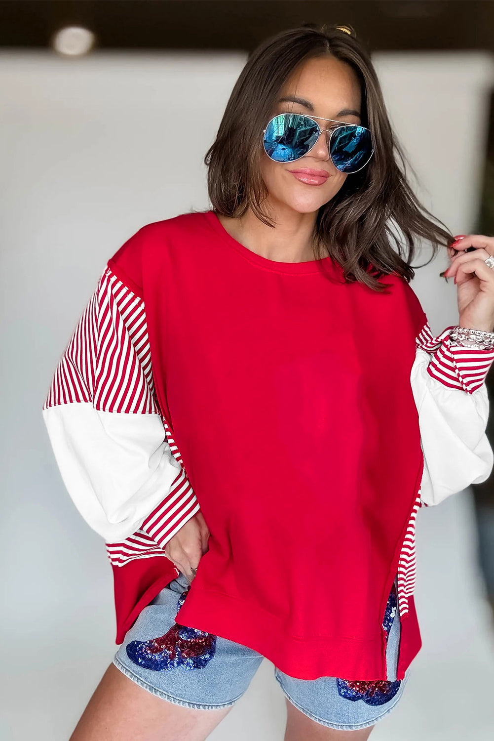 Dark Blue Striped Patchwork Sleeve Colorblock Sweatshirt