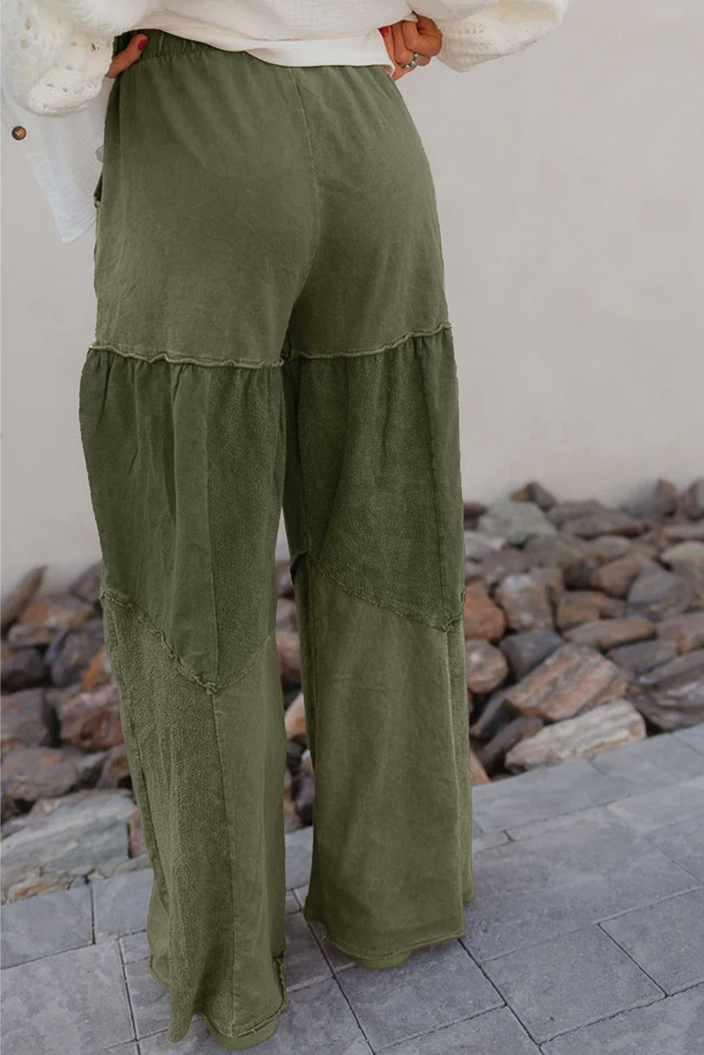 Vineyard Green Mineral Wash Tiered Wide Leg Patchwork Drawstring Pants