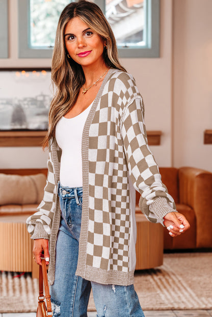 Black Checkered Open Front Drop Shoulder Cardigan