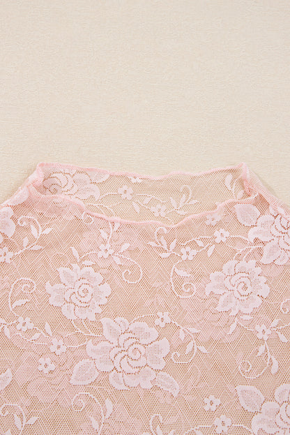 White Sheer Floral Lace Mesh Mock Neck Long Sleeve Top