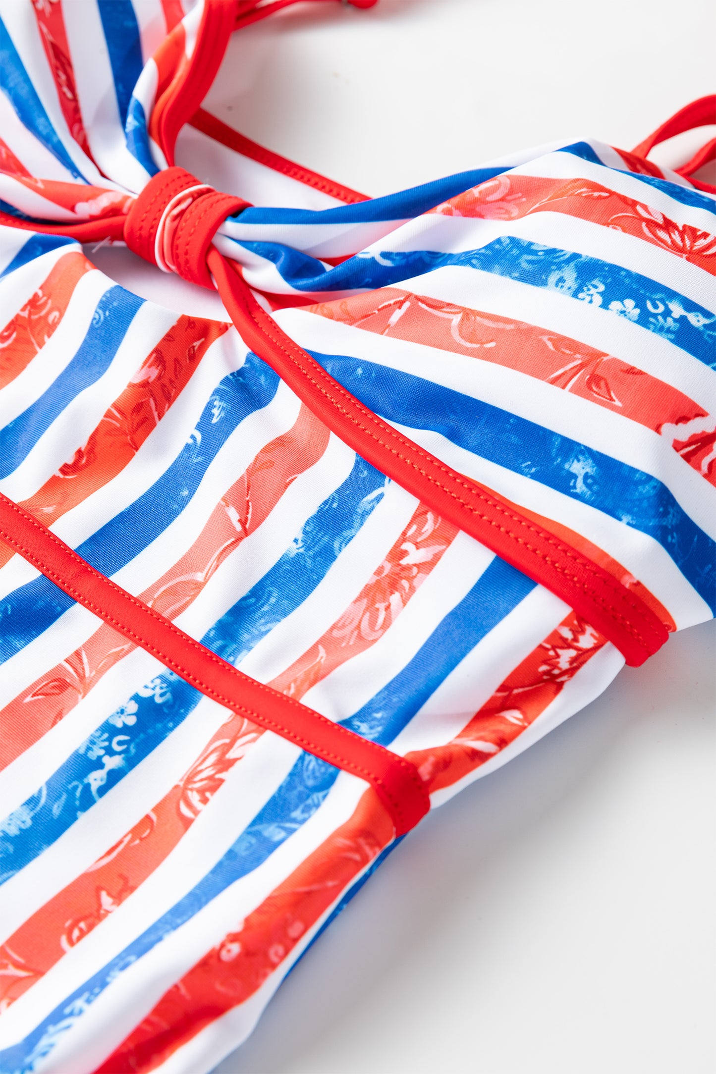 Red July 4th Stripes Star Floral Impression Cutout Spaghetti Straps One Piece Swimsuit