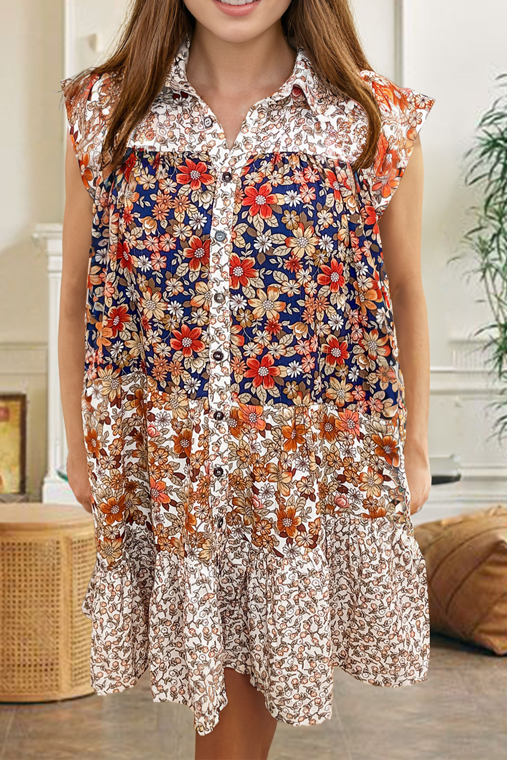 Beige Plus Size Floral Patchwork Button Front Collared Mini Dress