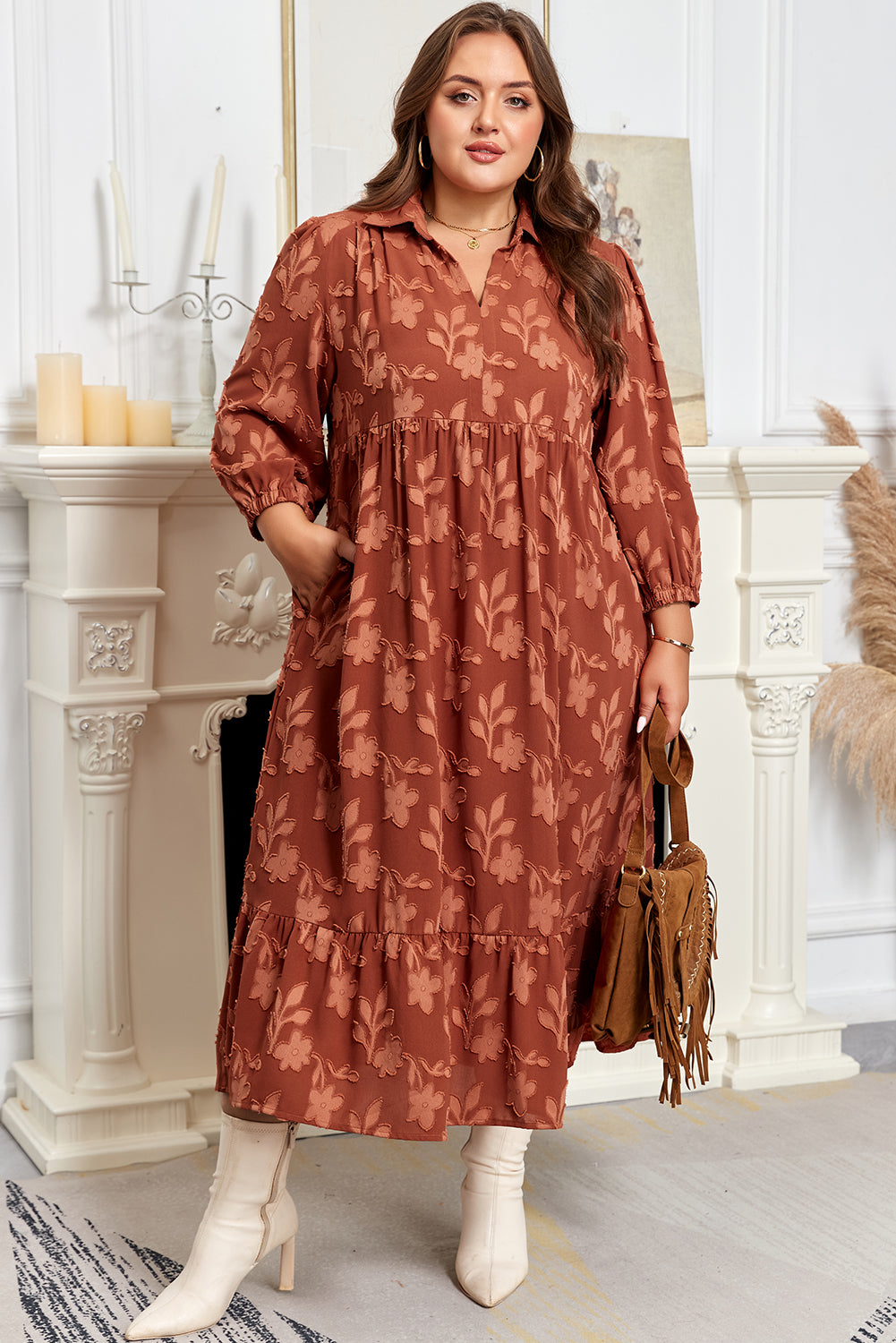 Cinnamon Plus Size Textured 3D Flower Pattern Ruffle Hem 3/4 Sleeve Long Dress