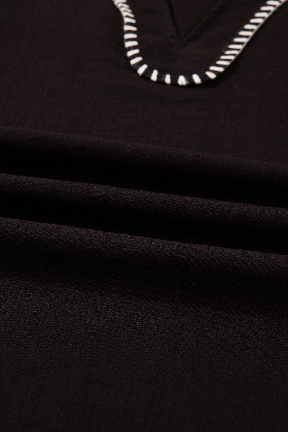 Black Contrast Stitched Detail V Neck Ruffle Long Sleeve Blouse