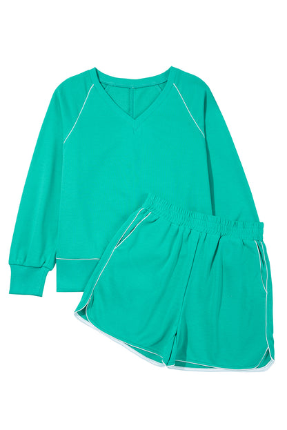 Dark Green Colorblock Trim V Neck Pullover Top and Shorts Set