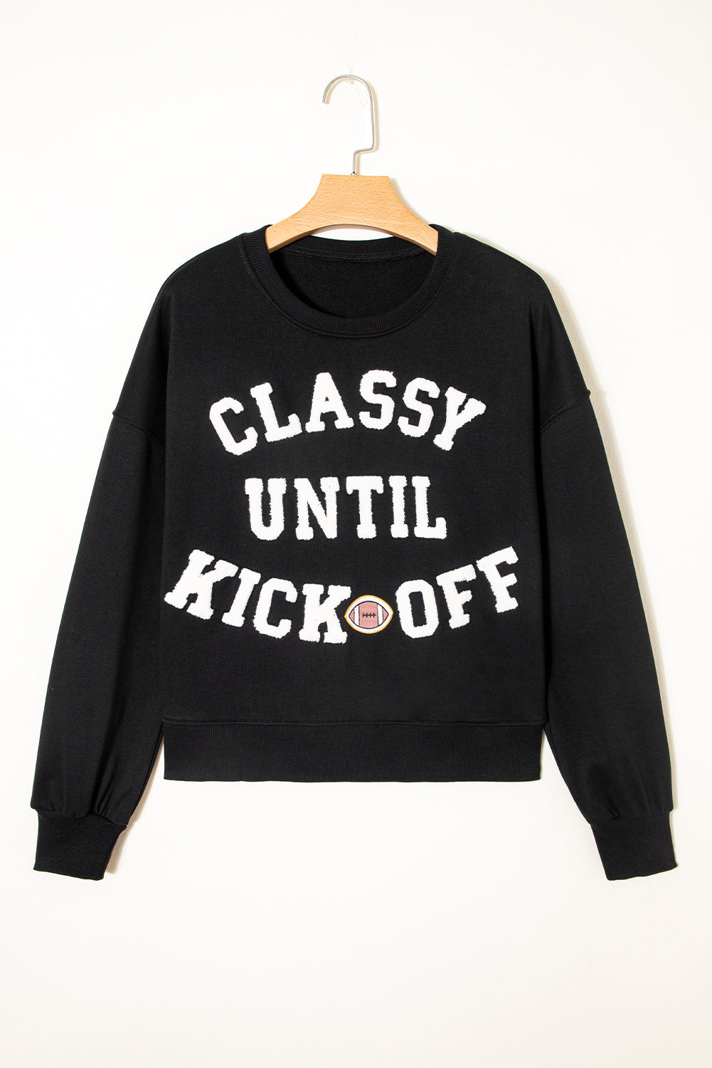 White CLASSY UNTIL KICKOFF Plush Letter Patched Loose Sweatshirt