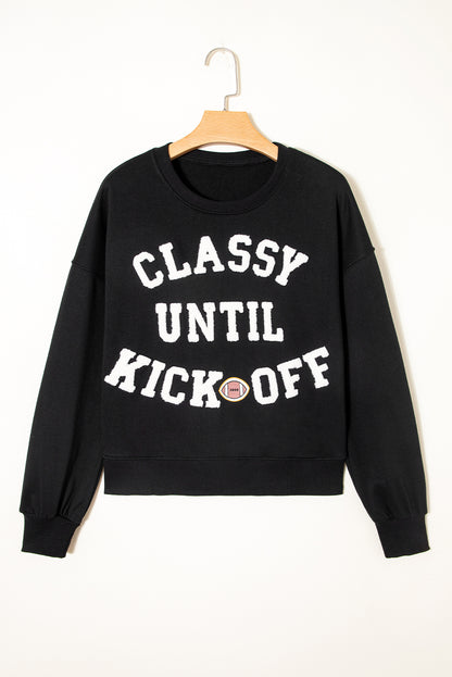 White CLASSY UNTIL KICKOFF Plush Letter Patched Loose Sweatshirt