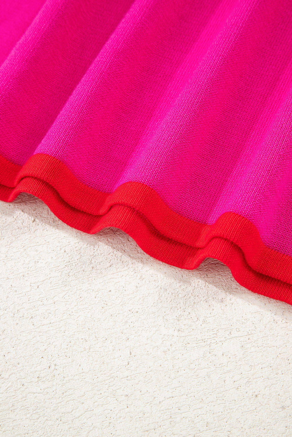 Rose Red Contrast Trim Round Neck Short Sleeve Loose Knit Sweater