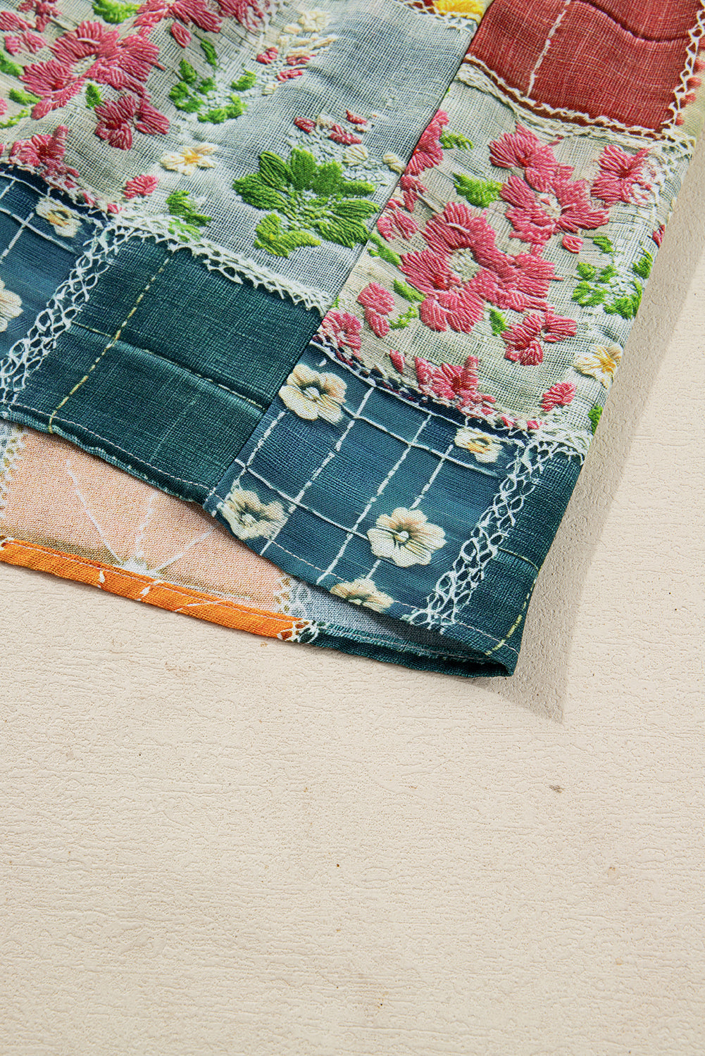 Sky Blue Mix Floral Checkered Pattern Bubble Sleeve Ruffle Hem Dress