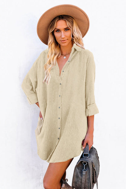 Black Corduroy Shirt Style Full Button Long Sleeve Shift Mini Dress