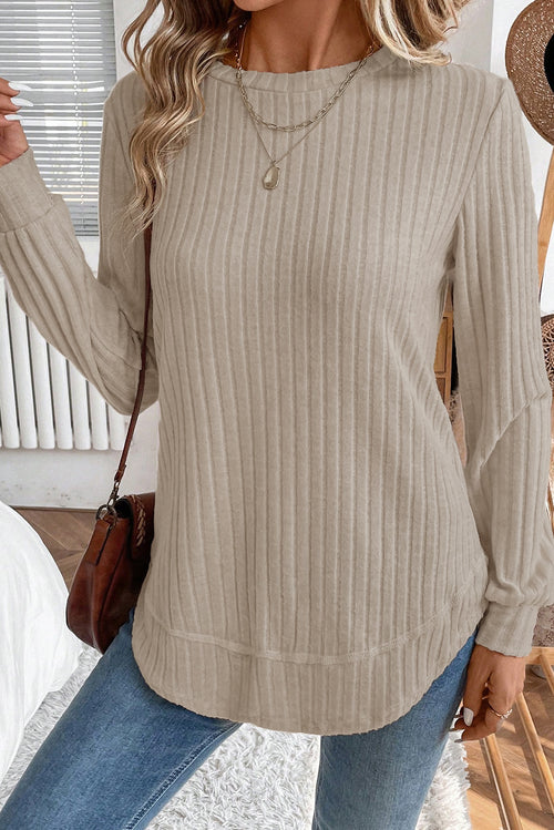 Jet Stream Ribbed Texture Round Neck Long Sleeve Rounded Hem Knit Top