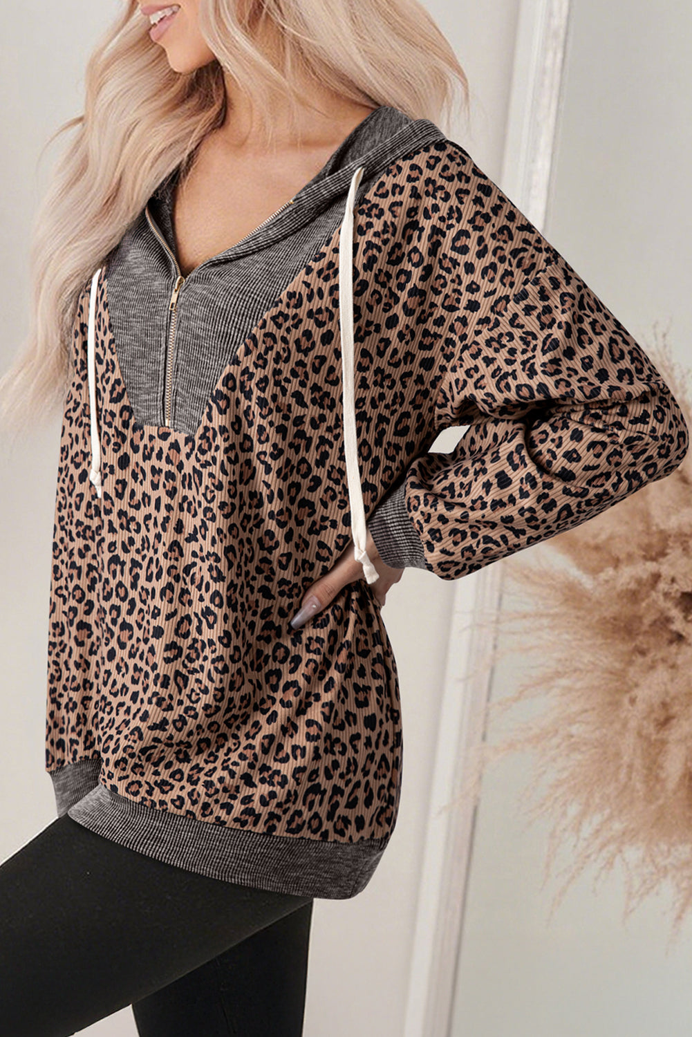 Khaki Ribbed Leopard Print Contrast Collar Zip Hooded Pullover Sweatshirt