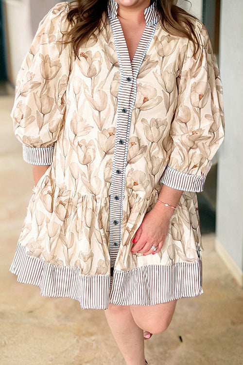 Khaki Plus Size Floral Print Striped Trim Patchwork Button Down A-line Dress