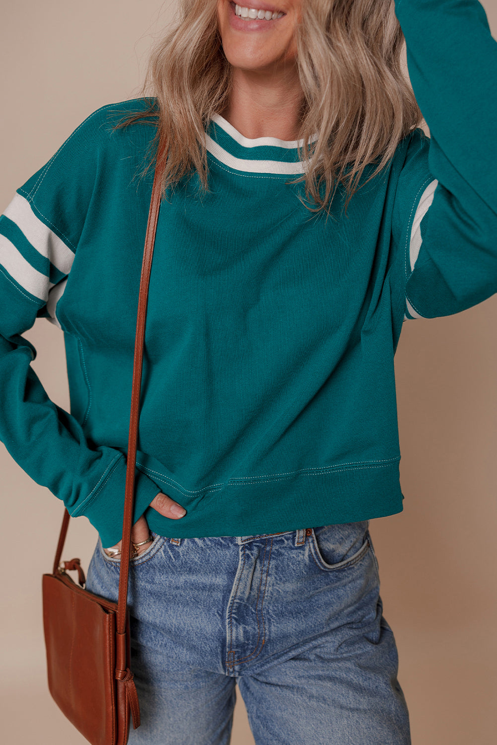 Blackish Green Contrast Striped Patchwork Round Neck Drop Shoulder Sweatshirt