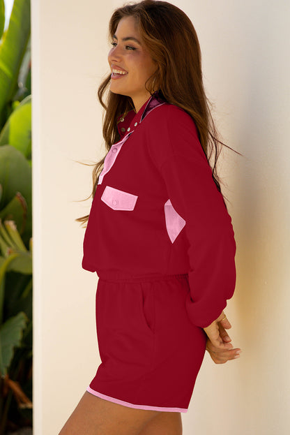 Navy Blue Color Block Patchwork Half Button Pullover and Shorts 2pcs Outfit