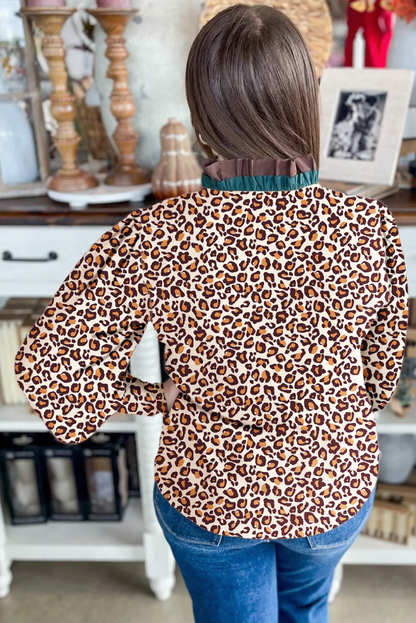 Brown Leopard Print Contrast Frilled Trim Button Down V Neck Shirt