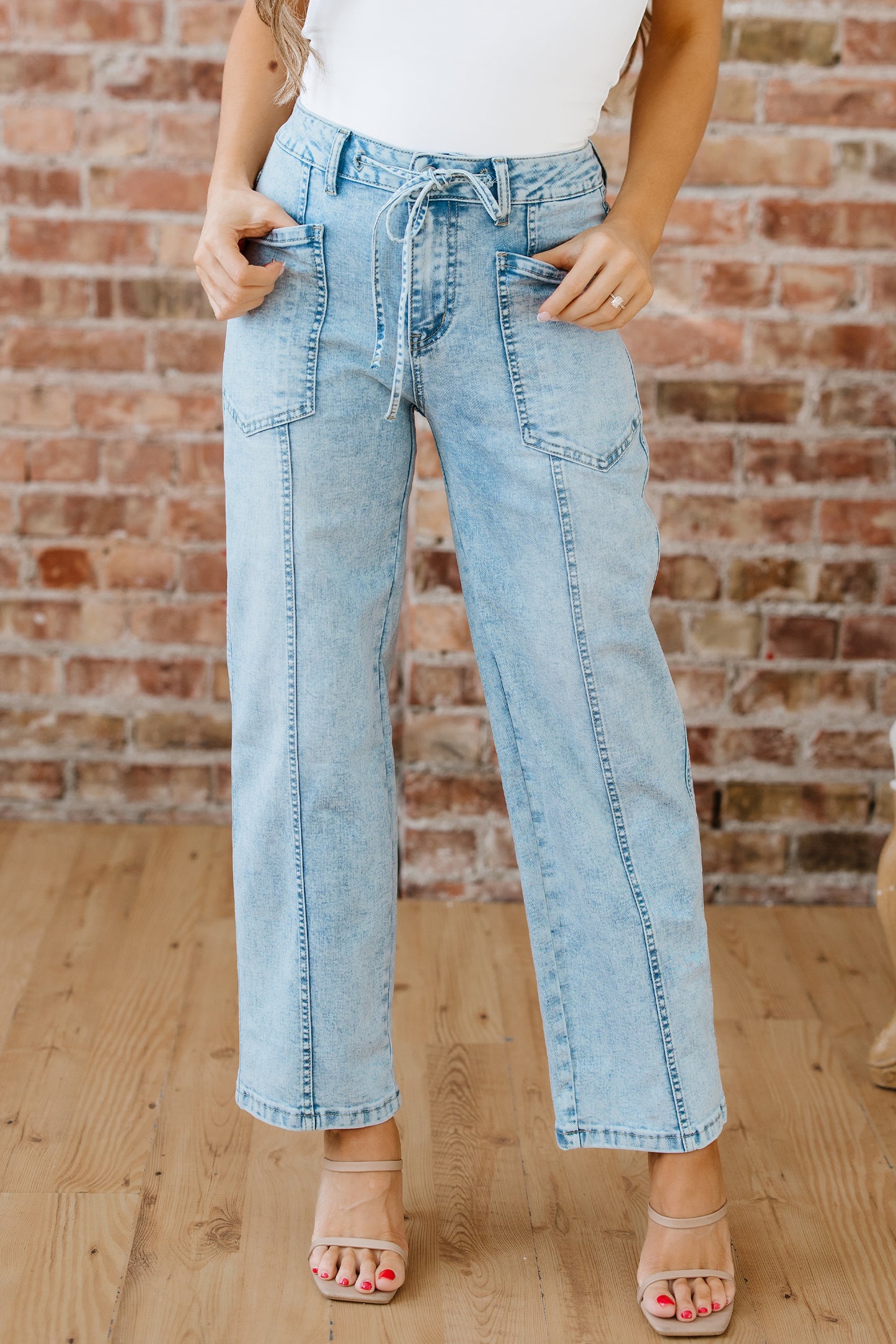 Myosotis Exposed Stitch Detail Drawstring Barrel Jeans