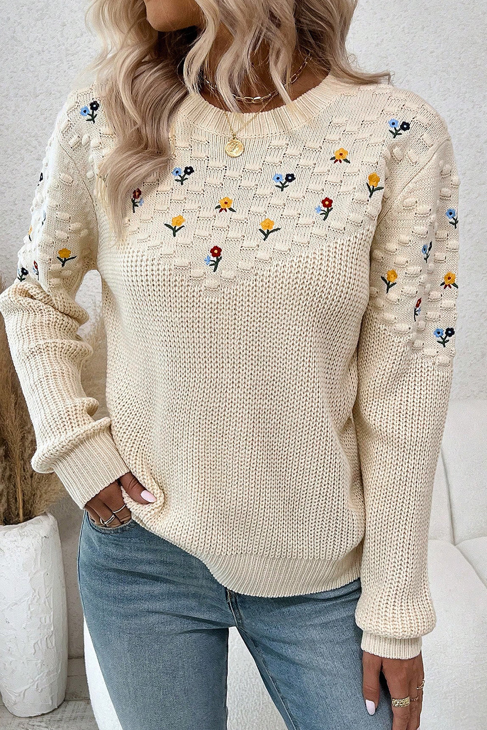 Jet Stream Mixed Texture Knit Flower Embroidered Detail Casual Sweater