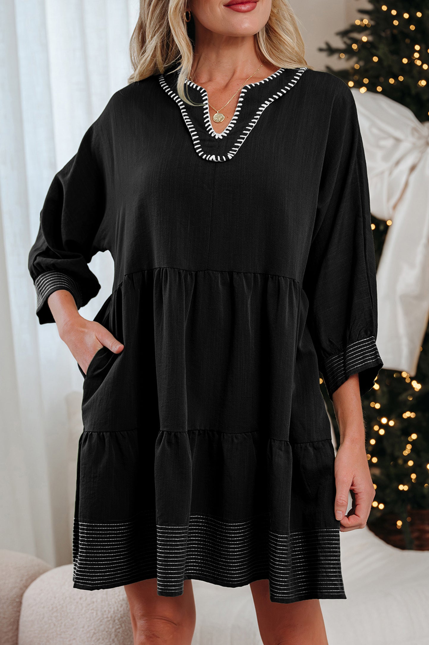 Black Contrast Stitched V Neck 3/4 Sleeve Tiered Mini Dress