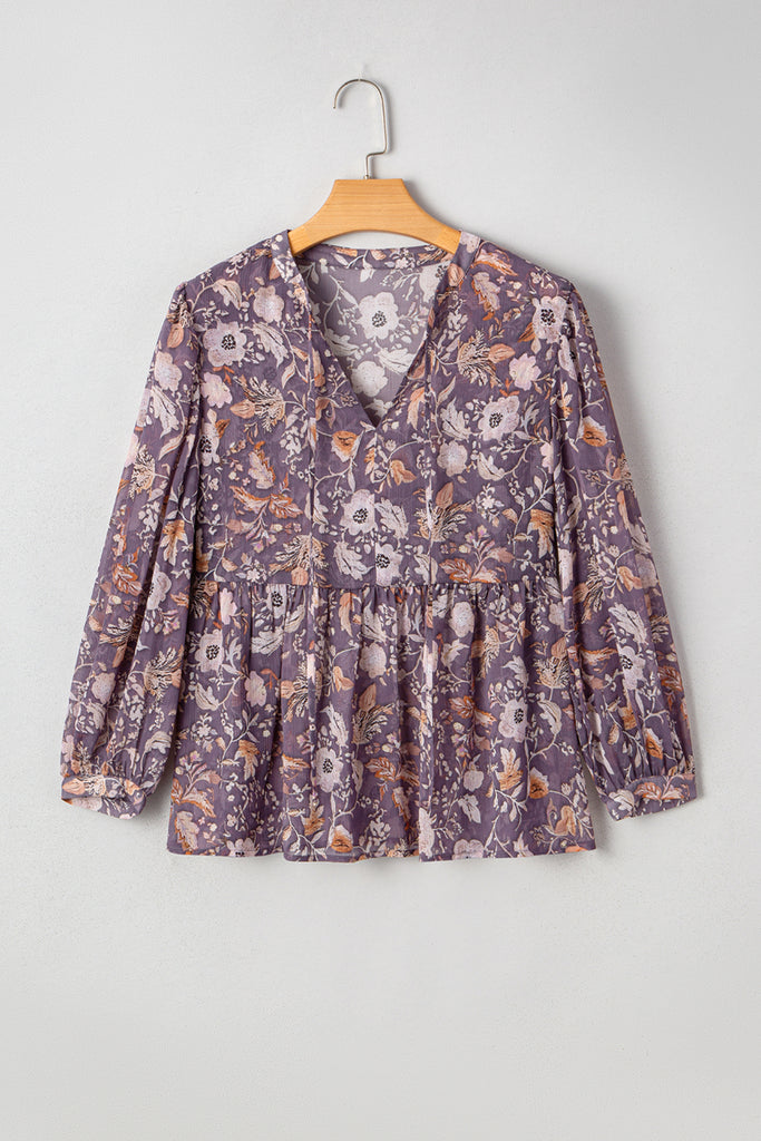 Blue Boho Flower Print 3/4 Sleeve Babydoll Blouse