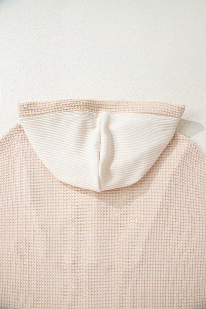 Racing Red Waffle Patchwork Drop Shoulder Hooded Long Sleeve Top