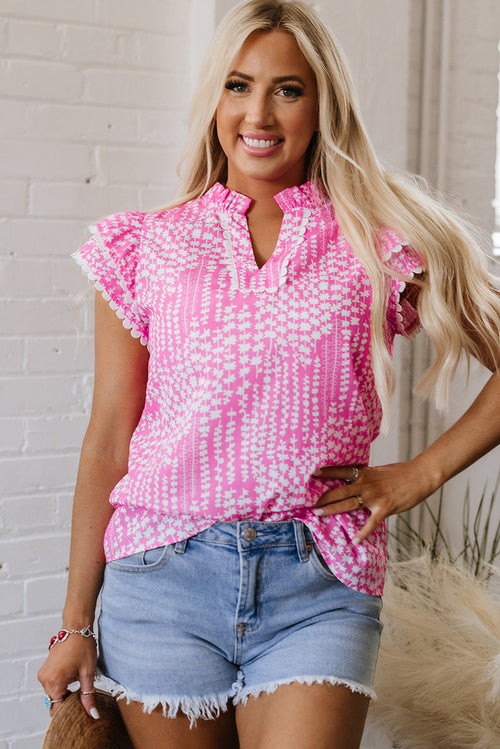 Pink Abstract Print Ric Rac Trim Flutter Sleeve Notch V Neck Blouse
