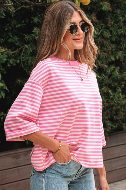 Red Stripe Bowknot Cutout Back Drop Shoulder Wide Bracelet Sleeve Loose Tee