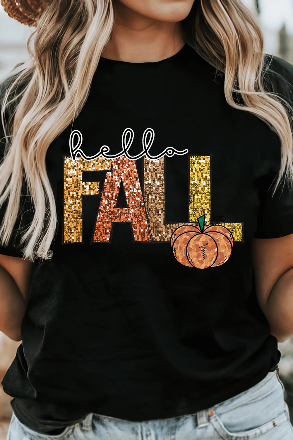 Black Hello Fall Letter Pumpkin Printed Thanksgiving T Shirt