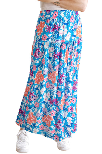 Sky Blue Floral Printed High Waist Split Wrap Long Skirt