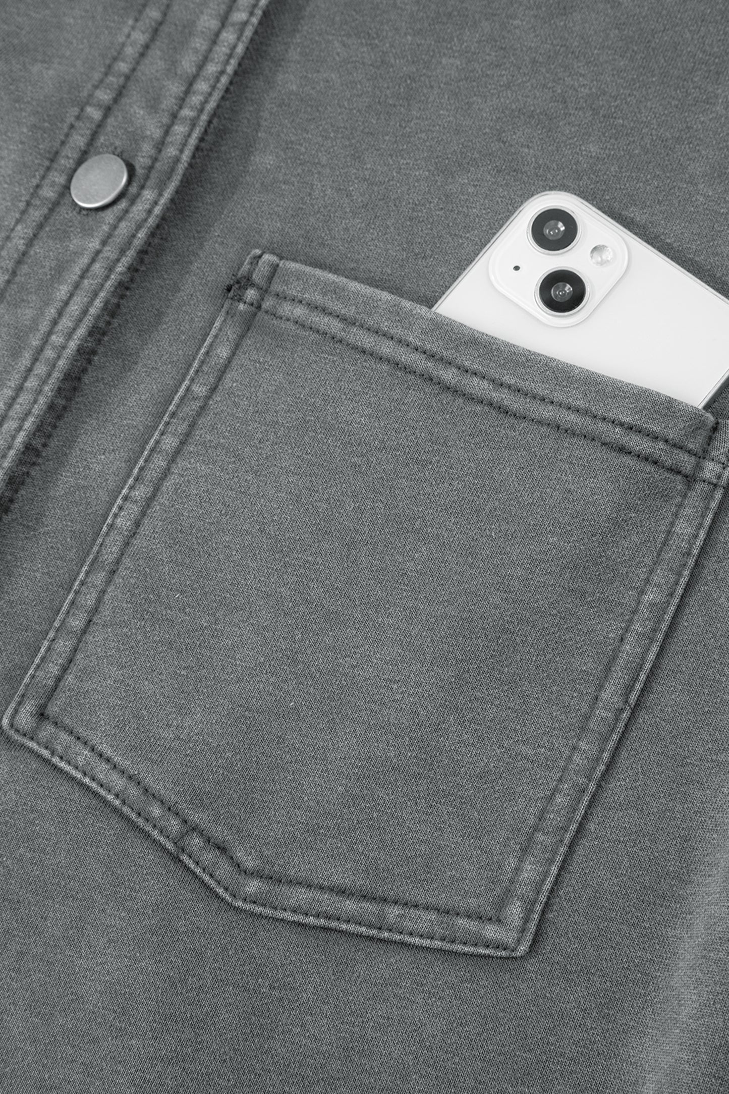 Medium Grey Mineral Wash Chest Pockets Drop Shoulder Shacket with Side Slit