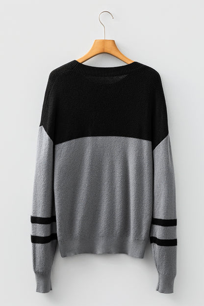 Medium Grey Color Block Knit Striped Sleeve Detail Casual Sweater