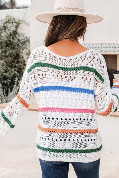 White Color Block Striped Pointelle Knit Sweater